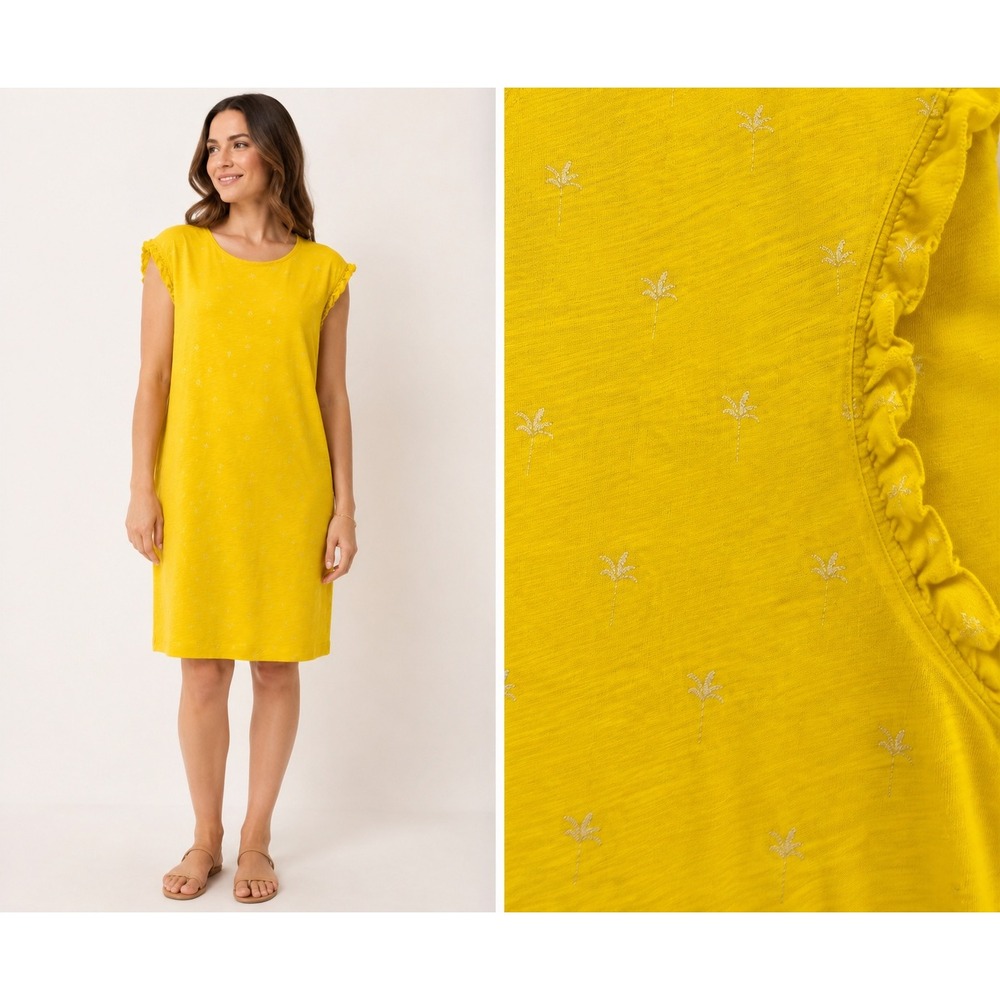 Boden Dress Gold Foil Palm Tree Yellow Ruffle Trim Women 20/22R Tropical Summer